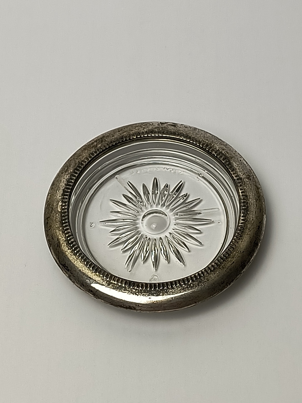 Vintage Italian 1950 Round Glass Coaster with Silver Metal Rim - Depression